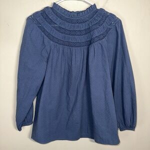 Loft Smocked Lace Yoke Blouse Womens Blue Linen Blend XS Longsleeve‎ EUC Boho